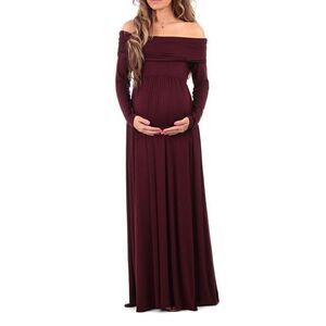 Y-980 Mother Bee Maternity Jersey Knit off shoulder Maxi Dress WINE sz L new